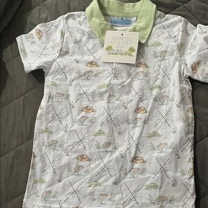 Trotters Kids Button Down Shirt - Green Collar with Fishing Print